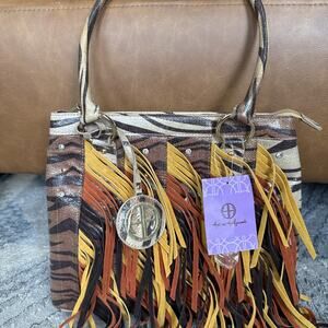 Hot In Hollywood Faux Leather Tan Boho Fringe Handbag Animal Print Shoulder Bag